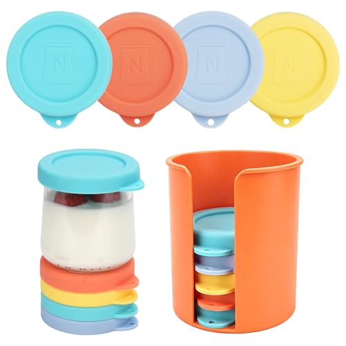 8 Pcs Silicone Oui Yogurt Jar Lids with Jar Lid Organizer Reusable Jar Covers Replacement Lids Perfect for 5oz Oui Yogurt Glass Jars Food-Grade Dishwasher Freezer Safe(Jars NOT Included)