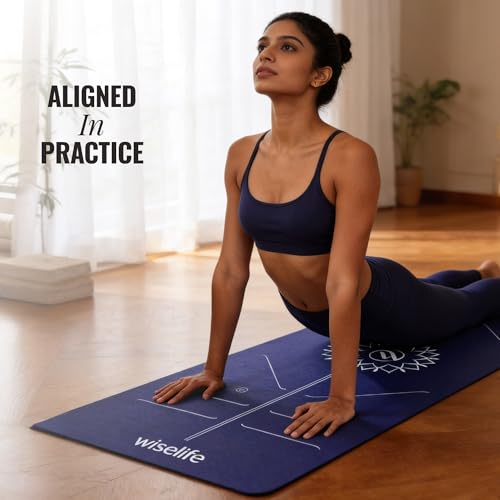 Image of WiseLife Lotus Alignment 10mm Yoga Mat with Strap | Non-Slip Thick Exercise Mat for Yoga, Pilates, Gym & Flexibility Training (Blue)