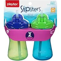 Playtex Baby Sipsters Straw Sippy Cup for 9+ Months, 9 Ounce (2 Count), Purple & Green, Toddler Water Bottle for Kids, Spill-Proof Cups for Toddlers 1-3, Encourages Hydration, Stage 2