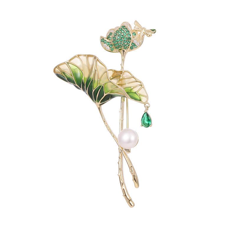 Image of 14K Gold Lotus Leaf Brooch with Sparkling Moissanite & Pearl, Elegant Flower Design - Unique Jewelry Gift for All Occasions
