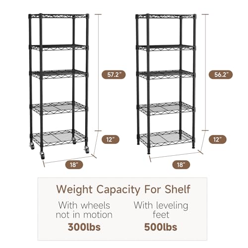 Small 5 Tier Shelves Storage Wire Shelving Unit Metal Shelf Adjustable Organizers Storage Shelving with Wheels for Bathroom Laundry Room Kitchen Pantry12”D x 18”W x 57.2”H Black - Image 4
