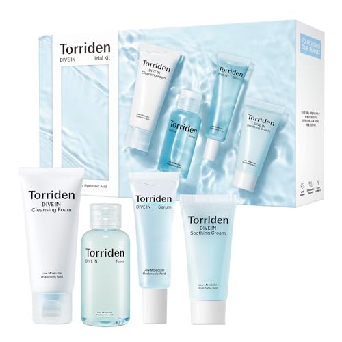 Torriden DIVE-IN Trial Kit, Hyaluronic Acid Infused Daily Skincare Kit – 4 Step Regimen with Foam Cleanser, Facial Toner, Serum, and Cream | Vegan, Hypoallergenic Korean Skin Care
