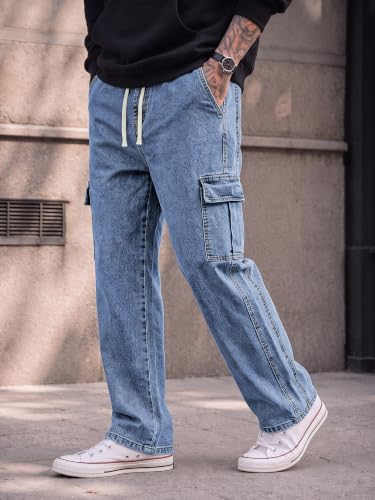 Image of JMIERR Men's Stretch Cargo Jeans Loose Straight | Over 60% Cotton Blend, Stretch Denim, Drawstring Waist, 5-Pocket Design, Loose Straight Fit, Casual Workwear Jeans