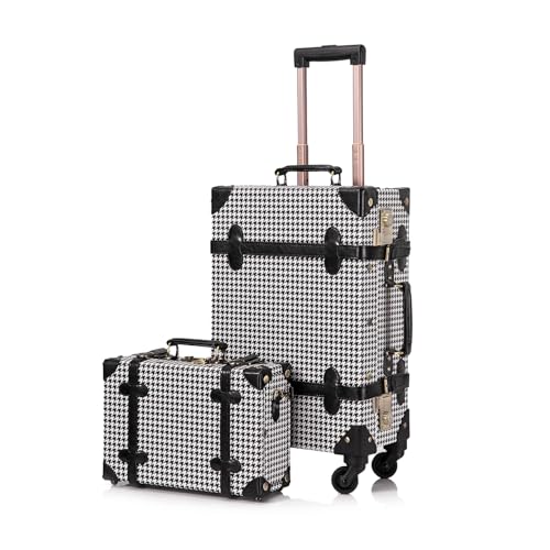 Image of UNIWALKER Vintage Luggage Set, 2 Piece Faux Leather Carry on Suitcase with Spinner Wheels TSA Lock and Cosmetic Train Case for Women, Grid, 20 inch+12 inch