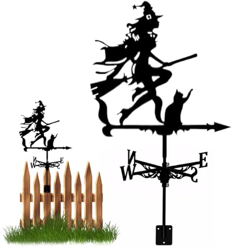 Veleta de metal de bruja, decoración de jardín al aire libre, veleta de metal negro, decoración de cabaña, bruja voladora de techo