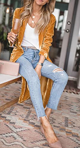 CHARTOU Women Elegant Velvet Jacket Open Front Long Cardigan Duster Long Sleeve Office Work Blazer4