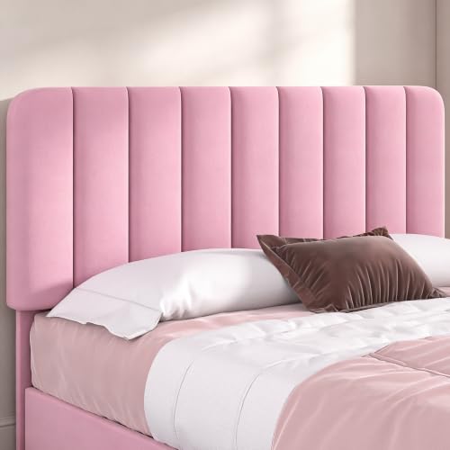 Image of VECELO Full Size Upholstered Bed Frame with 4 Drawers and Headboard, Velvet Platform Storage Bedframe, Wooden Slats Support, No Box Spring Needed,Pink