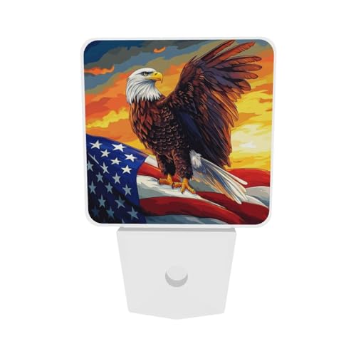Image of Eagle Sky Stars Stripes Flag LED Plug-in Night Lamp 2 Piece Set, Auto Sensor Nightlights Set of 2 for Bedroom Bathroom Corridors