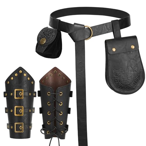 YESSA 4PCS Renaissance Accessories,Viking Renaissance Belt Pouch Coin Purse Leather Bracers,Medieval Phone Waist Bag Pirate Ren Faire Accessories Costumes for Halloween Cosplay LARP,Black