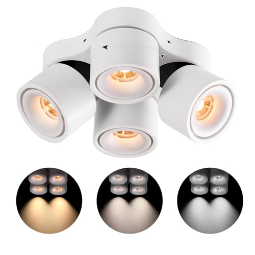 Ceiling Spot Lights Indoor, Ceiling Accent Lights, 3000-6000K Selectable, 40W LED Spot Lights, CRI 98, 220° Directional, White Adjustable accent lights for Living Room Hallway Gallery (Four-Head)