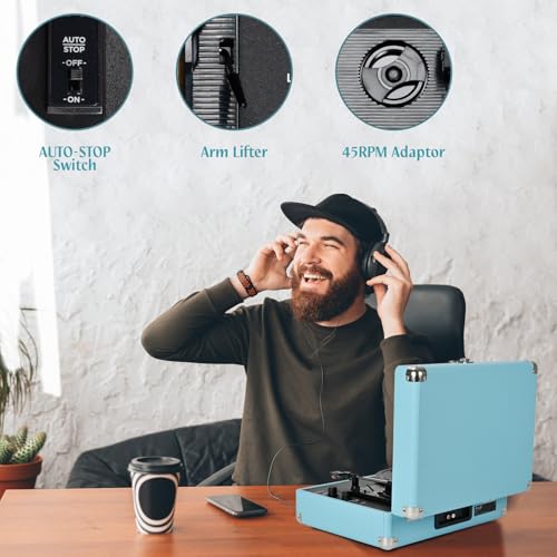 Image of Vinyl Record Player 3-Speed Bluetooth Suitcase Portable Belt-Driven Record Player with Built-in Speakers RCA Line Out AUX in Headphone Jack Vintage Turntable