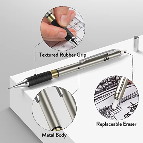 Fourcandies Metal Mechanical Pencil Set - 3Pcs 0.7Mm Art Mechanical Pencils & 360Pcs Hb Lead Refills & 3Pcs Erasers & 9Pcs Eraser Refills, Drawing Mechanical Pencils For Writing, Sketching - With Case #TOP2