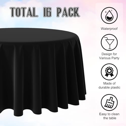 Image of 16 Pack Black Plastic Tablecloth for Round Tables, Premium Decorative Black Disposable Table Cloths for Parties, Bulk Round Party Table Cover for Birthday Wedding Anniversary Graduation, 84 Inch