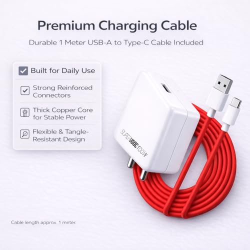 Image of 100W SUPERVOOC Fast Charger with Type-C Cable | Ultra-Fast Charging Compatible with OnePlus, Oppo, Realme | Supports VOOC /SUPERVOOC, Warp, Dash, Dart, SuperDart, QC 3.0-1 Year Warranty