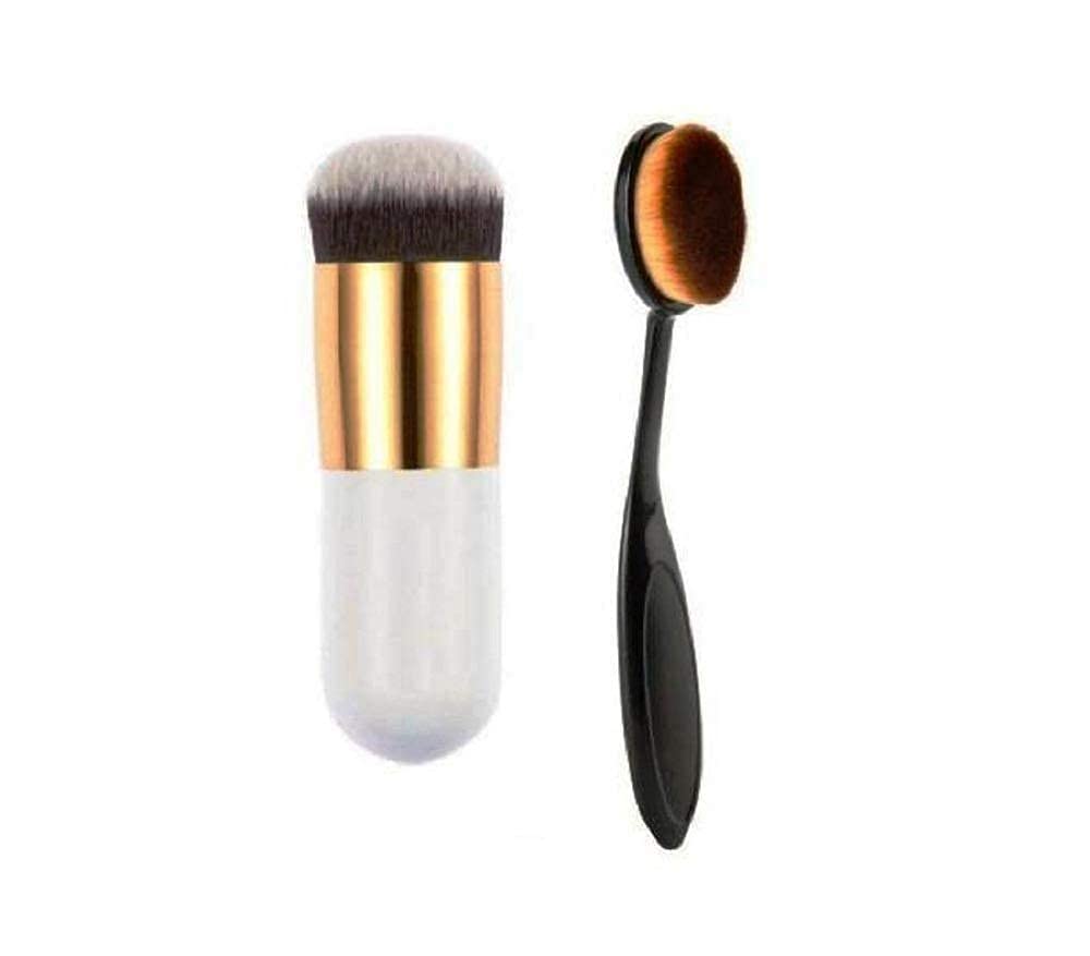 FABify Duo Foundation Brush Set | 1 White Flat Kabuki & 1 Black Oval Makeup Brush | Dense Synthetic Bristles, Streak‑Free Liquid & Cream Application | Portable, Professional Finish, 2‑Piece Combo