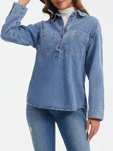 Tankaneo Womens Long Sleeve Denim Tops Casual V Neck Button Down Loose Fit Pullover Jean Shirts2
