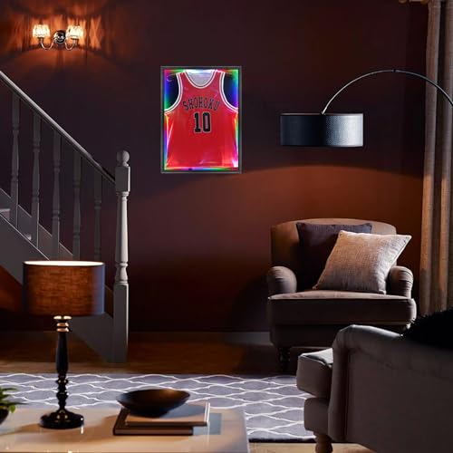 Image of Grintus Jersey Frame Display Case,Lockable with Colorful Led Lights Display Box for Jersey Display with UV Protection Acrylic and Hanger for Baseball Basketball Football Hockey Sport Shirt,Black