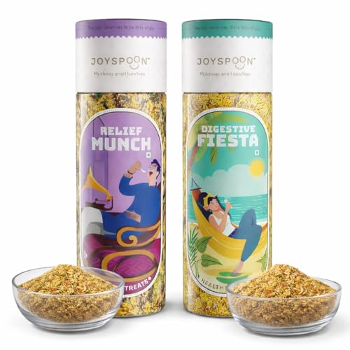 Image of JoySpoon Digestive Fiesta & Relief Munch Mukhwas Combo | Supari Free | Seed Mix Mukhwas | Traditional Indian After-Meal Digestive Snack | No Artificial Colors or Preservatives | Pack of 2 x 100g