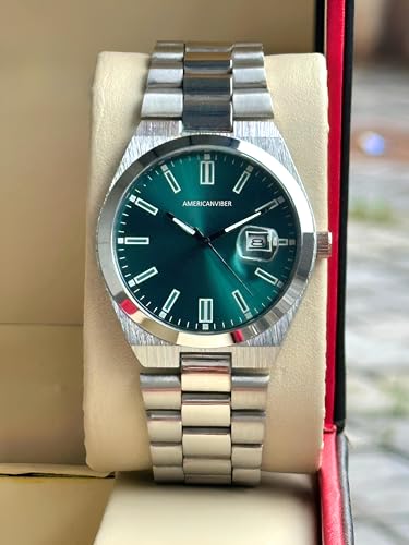 Image of AMERICANVIBER Men's Silver Stainless Steel Watch, Vibrant Green Sunburst Dial, Quartz Analog Movement, Date Display, Faceted Bezel for Men