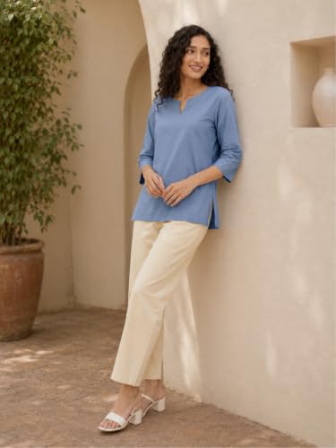 Image of SAADAA Airy Linen Split Neck Short Kurta for Women | Casual & Office Wear | 3 /4 Sleeves, Comfortable Fit | Elegant Top | Lightweight & Breathable Fabric |