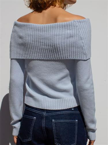 Image of Women Off The Shoulder Sweater Y2k Long Sleeve Boat Neck Knit Cropped Pullover Tops Fall Trendy Going Out Streetwear