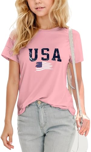 SELINK Girls American Flag T Shirts Kids UPF 50+ Short Sleeve Casual Summer Tops Crewneck Tees US Flag Loose Tshirt