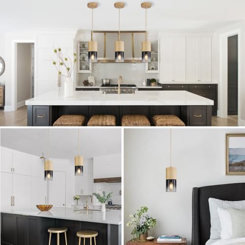 Image of 3-Pack Gold Pendant Light Fixtures, Adjustable Modern Black Pendant Lights for Kitchen Island, Industrial Glass Pendant Lights for Dining Table Hallway Bedroom Living Room