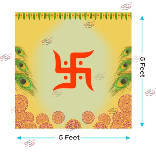 Image of S2S Fabric Backdrop Cloth for Pooja Decoration Traditional, Background Decoration Cloth for Pooja Background Curtain Cloth for Festival Fabric 5 Feet Height & 5 Feet Width SWASTIC Design