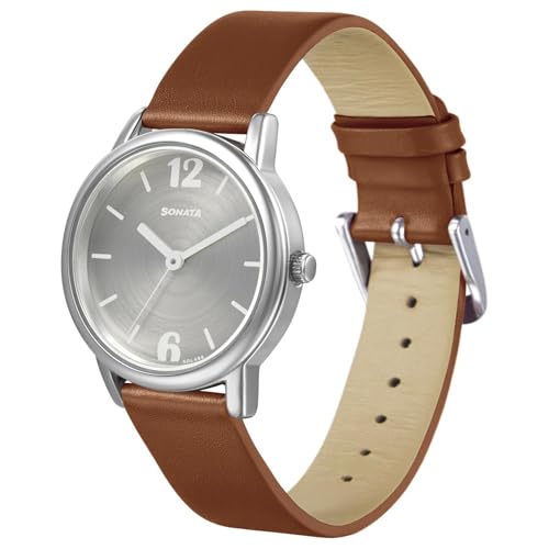 Image of Sonata Excl Fkt Plain 3 Hands Silver Round Dial Tan A1Leather Strap Women's Watch - NS8172SL02