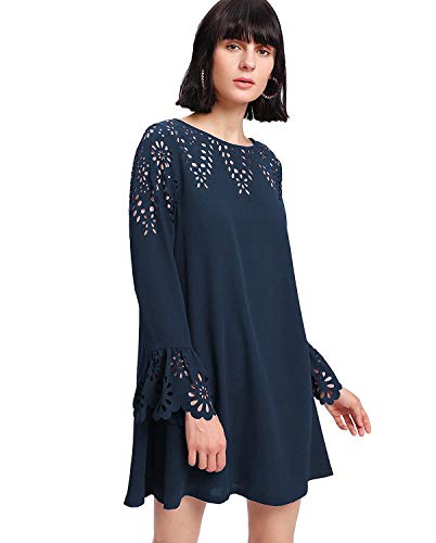 Milumia Women's Solid Eyelet Long Sleeve Hollow Casual Shift Dress Navy Small
