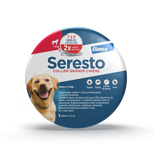 Seresto Collier Grands Chiens – 2 Protections anti puces et anti tiques pour grands chiens de plus de 8 kg – Collier Seresto pour chien 7 à 8 mois de protection,...