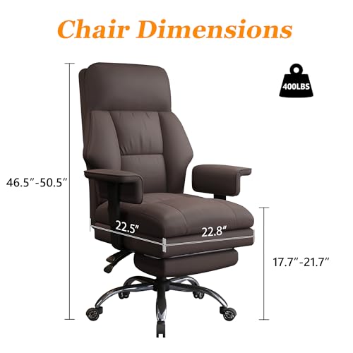 Image of Office Chair with Leg Rest, Leather High Back Executive Office Chair with Wheels, Ergonomic Desk Chairs with Lumbar Support for Home Office, Brown