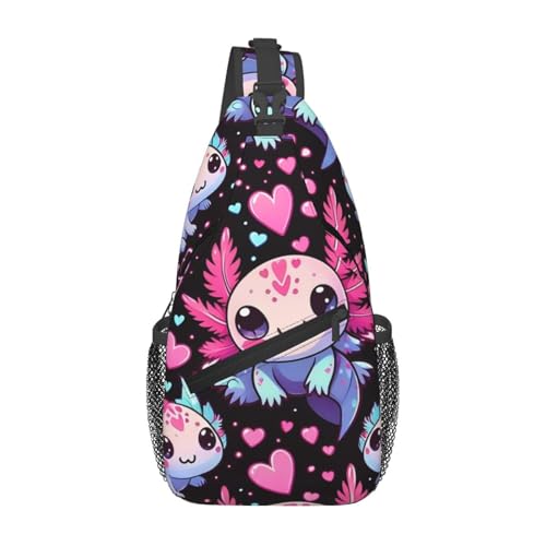 Neon Heart Axolotls Sling Backpack Unisex Crossbody Chest Bag Shoulder Chest Bag For Women Men Hiking Travel