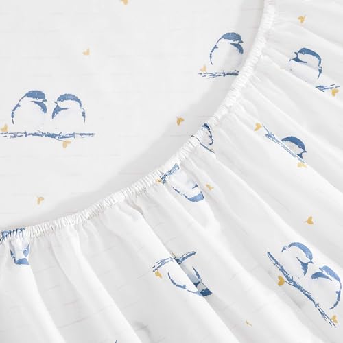 Image of Poppy & Fritz - Full Size Sheet Set, 100% Long-Staple Percale Cotton Bedding, Crisp & Cool, Deep Pockets, Bed Sheets with Matching Fitted Sheet & Pillowcases (Tweet Tweet Birds Blue)