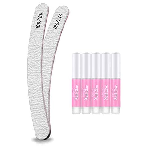 5pcs Nail Glues Extra Strong Quick Dry Adhesive For Natural or False Nails, Art, Tips, Acrylic, Gel, to stick Diamonds Glitter Rhinestones, transparent colour +2 Curved - Banana Nail Files Cover