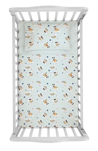 Mickey Mouse, Parure de lit 100% Coton, Parure de lit bébé Disney Mickey Mouse, Drap de Dessus, Drap de lit, taie d'oreiller, Bleu Ciel