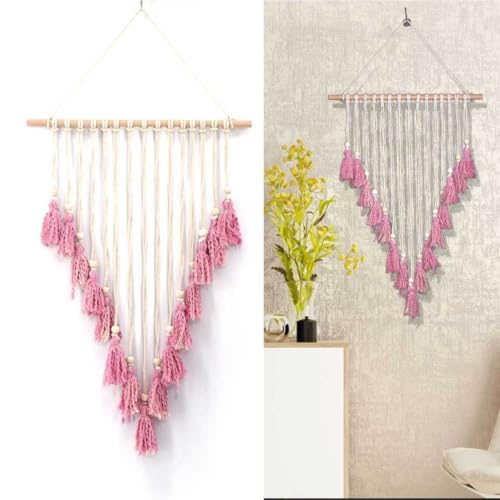 Tapiz bohemio de algodón beige y rosa hecho con flecos para una decoración chic 5