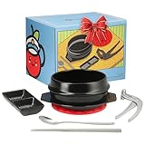 Captain Cranberry Korean Stone Pot Set (7-piece, 38.7oz with Hot Pot Grip), Ttukbaegi, Dolsot, Korean Soup Bowl, Ceramic Pots for Cooking, Soup Pot, Earthenware Claypot, Bibimbap, Ramen