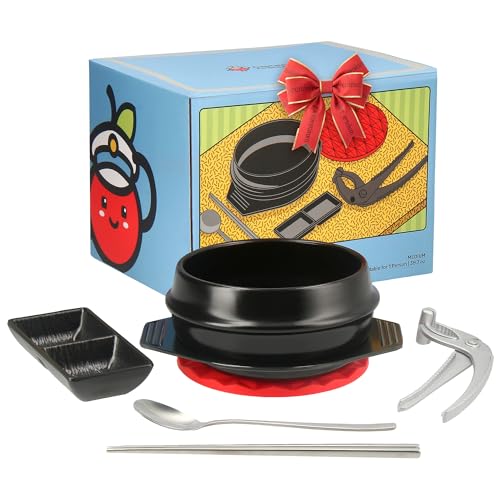 Captain Cranberry Korean Stone Pot Set (7-piece, 38.7oz with Hot Pot Grip), Ttukbaegi, Dolsot,...