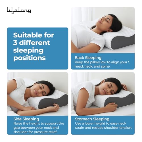 Image of Lifelong Memory Foam Cervical Pillow for Neck Support | Pack of 2 - Bed Pillow | Orthopedic Contour Foam Pillow for Neck Pain with Breathable Cover | Fits Side & Back Sleepers | Pain Relief for Adults