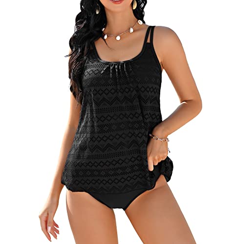 Clearlove Damen Tankini Bauchweg Zweiteilig Badeanzug Zweiteiliger Tankini Set mit Slip S-XXL,Schwarz-spitzeXXL