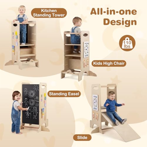Image of Costzon Toddler Step Stool, 3-Level Adjustable Height Wooden Kids Standing Tower w /Detachable Chalkboard, Montessori Games, Slide, Safety Rails, Highchair for Aged 3+ Boys, Girls (Light Wood)
