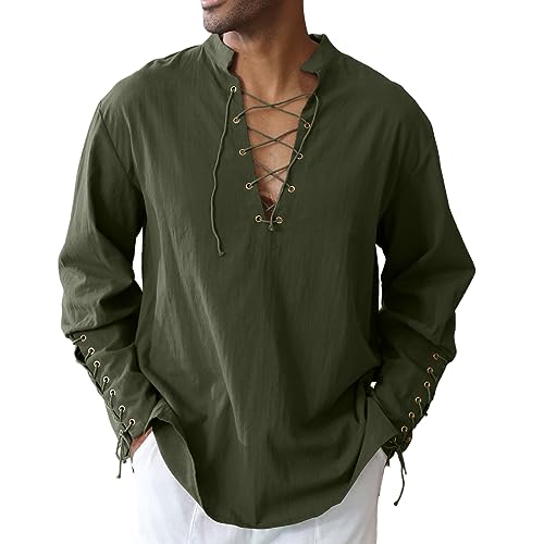 Mens Cotton Linen Shirt Drawstring Arm Banded Tops Medieval Viking Pirate Renaissance Halloween Costume ARMY GREEN 3XL