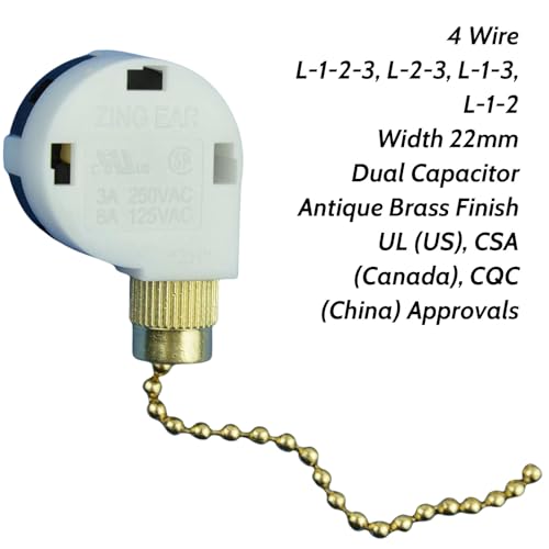 Image of Zing Ear ZE-268S2 Pull Chain Switch 3 Speed 4 Wire 3A 250VAC 6A 125VAC Replacement Rotary Control Fit for Ceiling Fans Antique Wall Lights Cabinet Lamps Repair Kit 3PCS