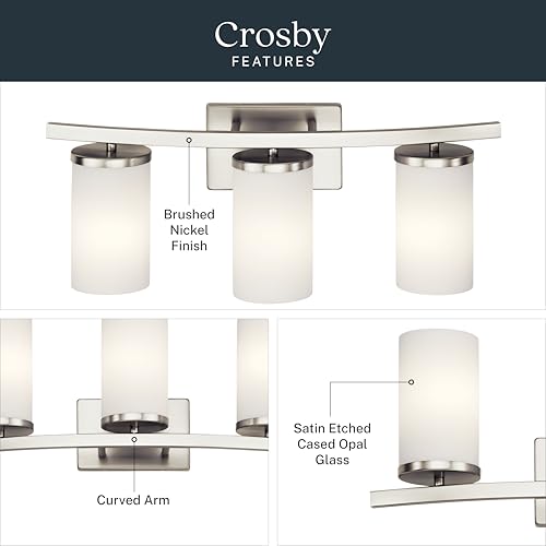 Image of Kichler Crosby 23 inch Vanity Light in Brushed Nickel, 3-Light Contemporary Bathroom Light with Satin Etched Cased Opal Glass, (23 inch L x 8.75 inch H), 45497NI