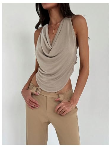 Milumia Women's Draped Front Halter Top Sexy Criss Cross Back Asymmetrical Hem Sleeveless Tank Tops4