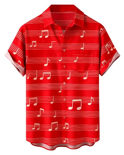 Chemise pour hommes hawaïenne quille rétro manches courtes, Note musique père Noël rouge, XXL