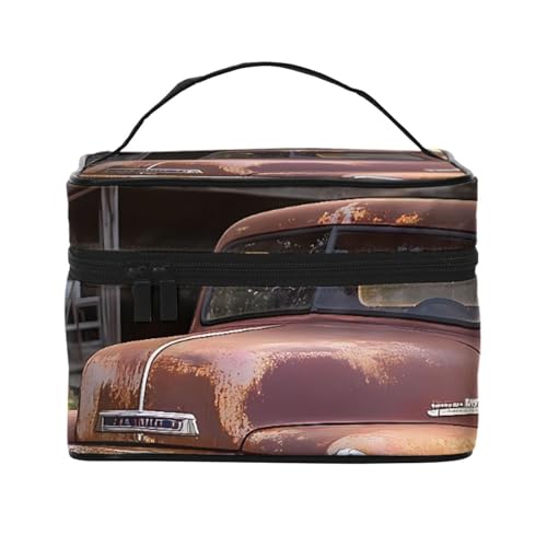 Bolsa de maquillaje de viaje con diseño de girasoles para coche de camión viejo, organizador portátil con compartimentos con cremallera para cepillos, botellas y cuidado de la piel