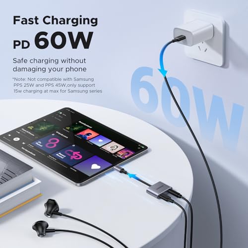 UGREEN USB C to 3.5mm Headphone and Charger Adapter 2 in 1 Type C to Aux Audio Jack with PD 3.0 60W Fast Charging Dongle Compatible with S25 Ultra iPad Pro Switch 2