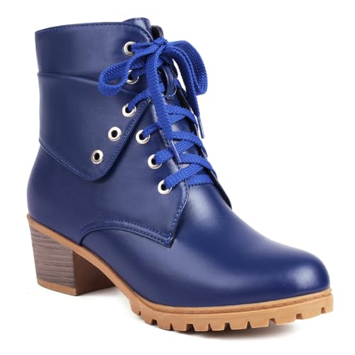 VOKLIN Women's Round Toe Dressy Ankle Boots Buckle Lace Up Low Heel Western Chelsea Combat Short Booties